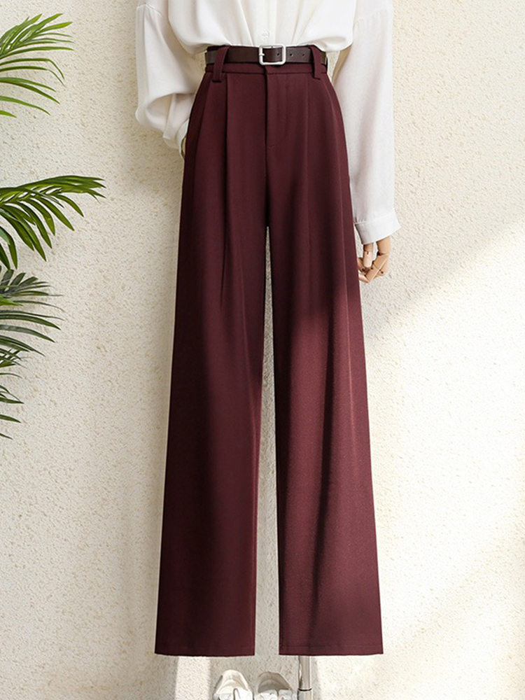 Spring 2025 New Burgundy Suits Pants for Women Office Lady Elegant High Waist Wide Leg Fashion Trousers with Pockets Black Gray