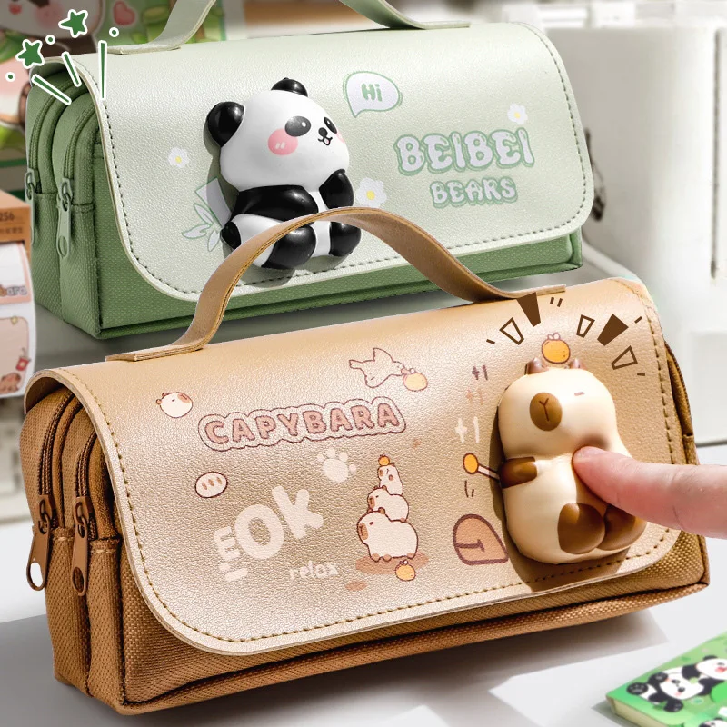 Estuche para lápices Kawaii Capybara de gran capacidad con función de alivio del estrés, bonito estuche para bolígrafos con juguete prensable para papelería de estudiantes