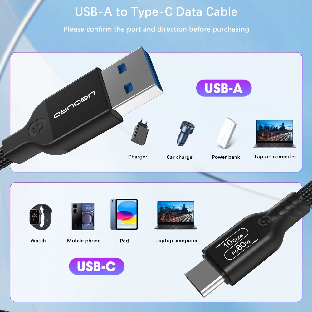 UGOURD USB 3,2 3,1 Gen2 10Gbps USB-A a tipo C Cable USB-C Cable de transferencia de datos 60W Cable de carga rápida para USB HUB SSD Box