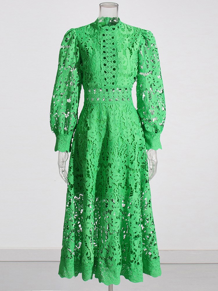 TWOTWINSTYLE Grün Kleid Für Frauen Stehen Kragen Langarm Hohe Taille Cut Heraus Feste Midi Kleider Weibliche Herbst Kleidung 2022 neue