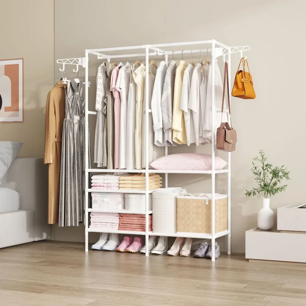 Floor Clothes Rack Double/Three Row Hangers Shoe Storage Rack With Hanging Hooks Rods For Coat And Shoe Household Clothes Hanger