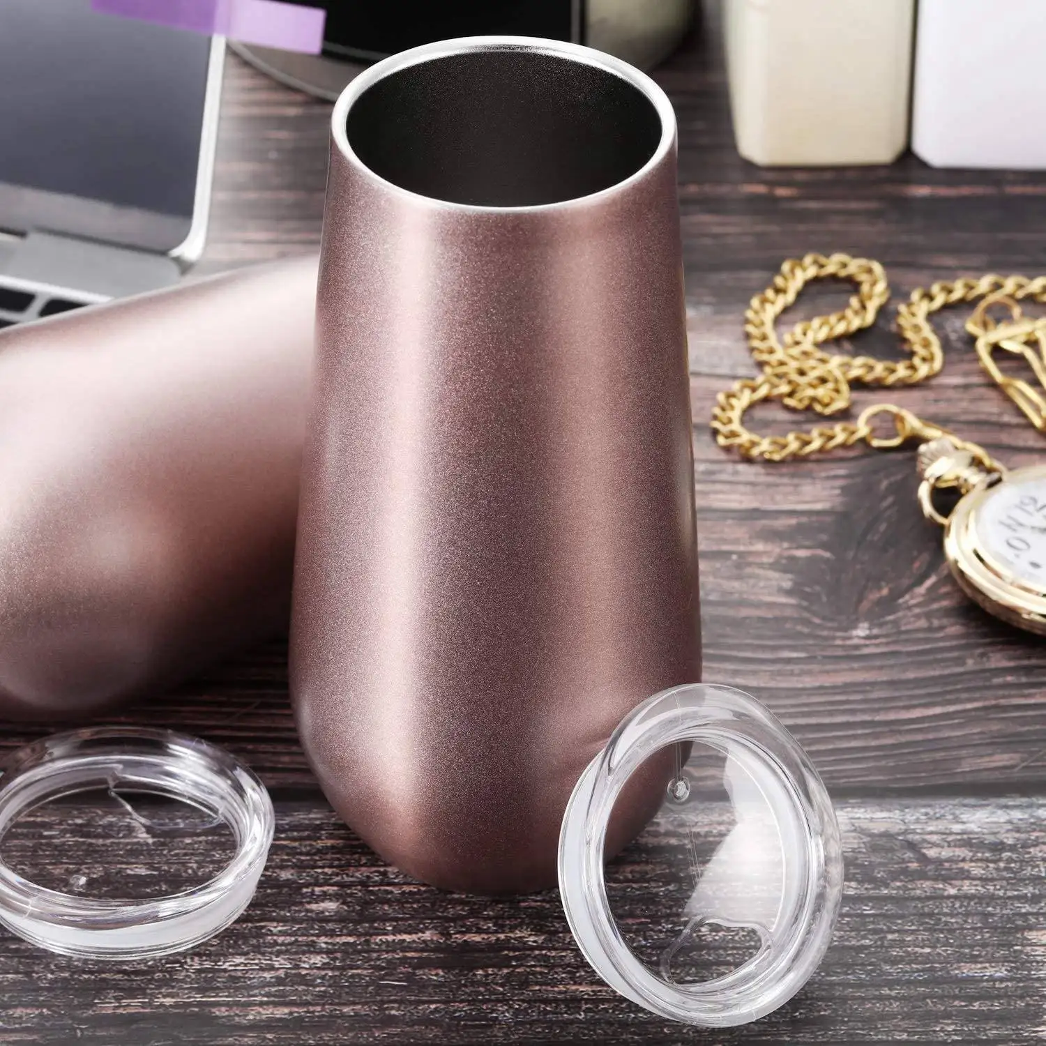 Vaso de vino aislado de acero inoxidable con tapa, taza portátil con forma de huevo, regalo de moda, oro rosa de 6 Oz (paquete de 4)