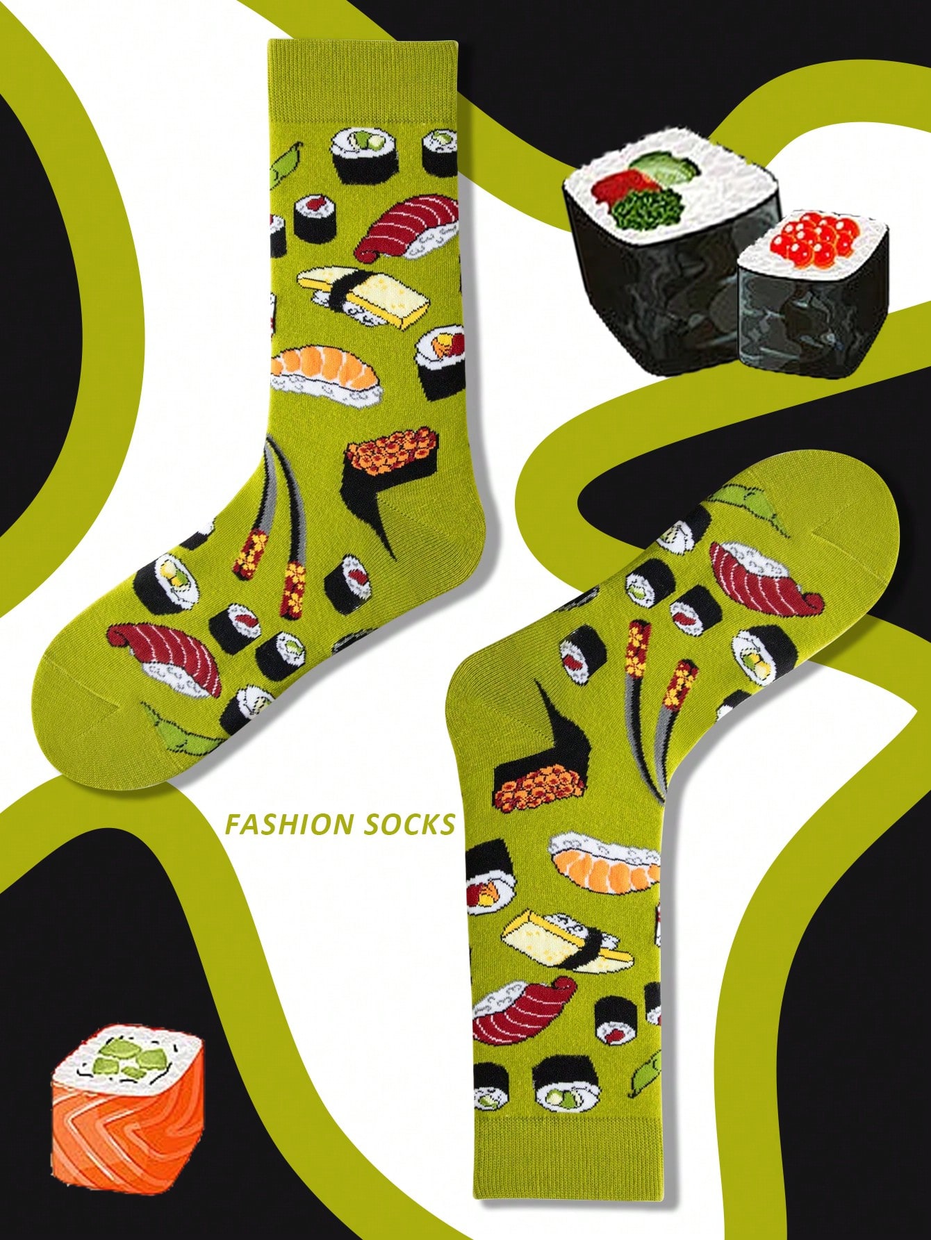 1 par de calcetines de media pantorrilla para hombre, medias de dibujos animados verdes de jacquard sushi, calcetines de ocio literarios para primavera, otoño e invierno
