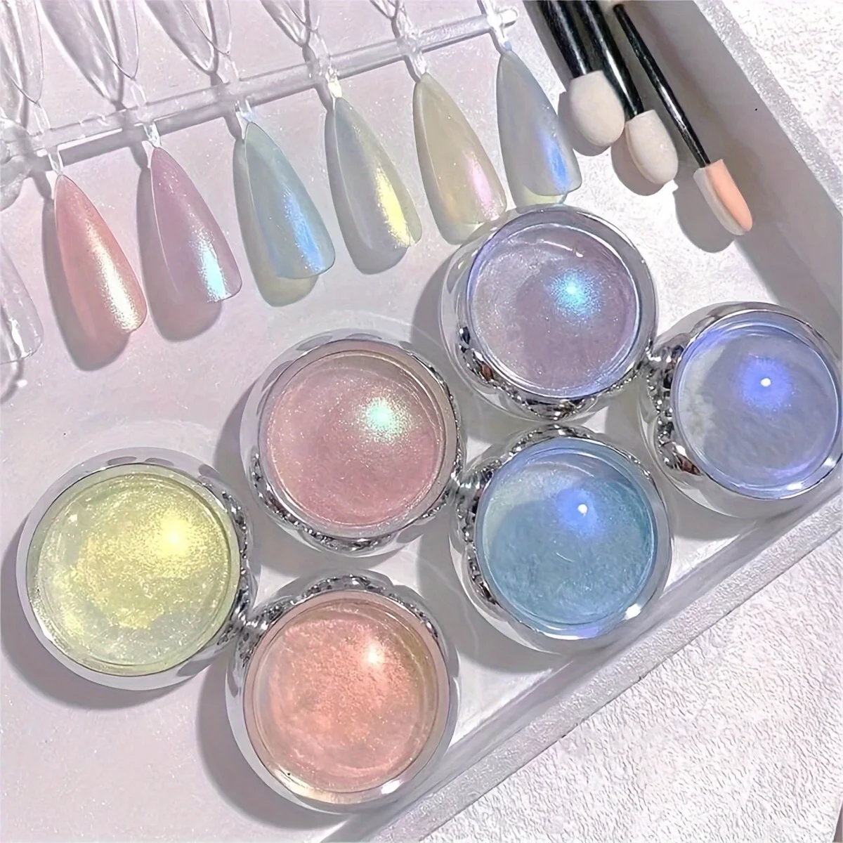 6 ชิ้น Shimmering Aurora Nail Powder - Multichrome Metallic Mirror Effect, Chameleon Gel Polish - Transforming Holographic