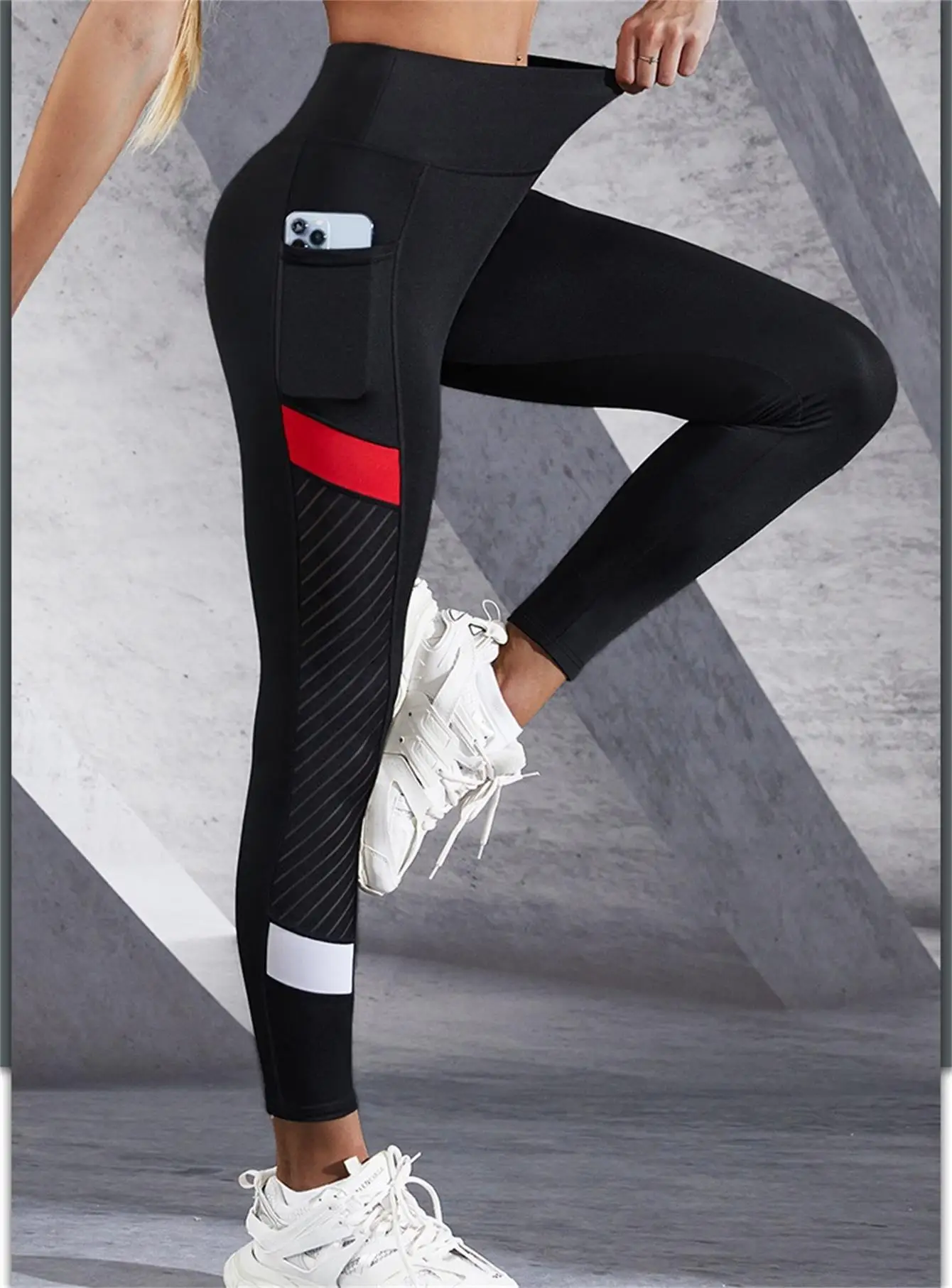 여성용 사이드 포켓 레깅스가있는 컬러 블록 메쉬 하이 웨이스트 요가 바지 Tummy Control Workout Shaping Leggings