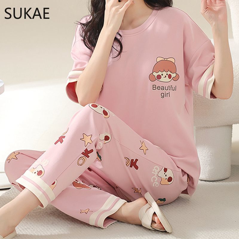 SUKAE Sommer Frauen Pyjamas Set Plus Größe M-5XL Baumwolle frauen Pyjama Kurzen Ärmeln Nachtwäsche Nachtwäsche Koreanische Pijamas für Mädchen