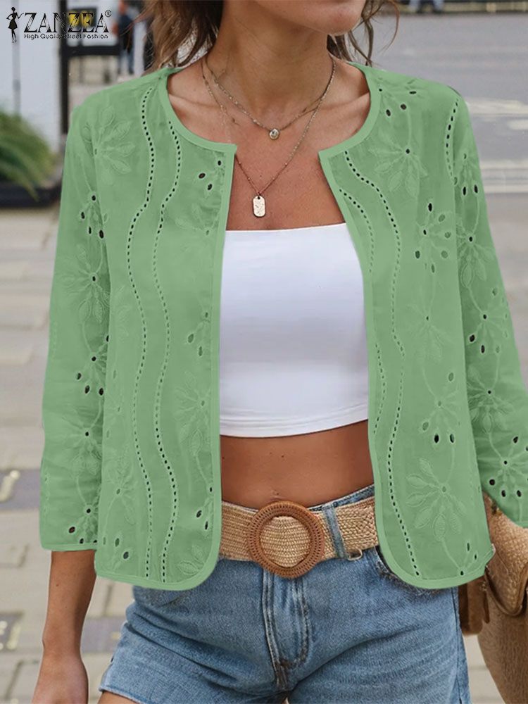 ZANZEA Damenmode, aushöhlen, bestickte Strickjacke, Hemden, Sommer, 20224, elegante Kimonos mit 3/4-Ärmeln, lässige Urlaubs-Vertuschungsoberteile