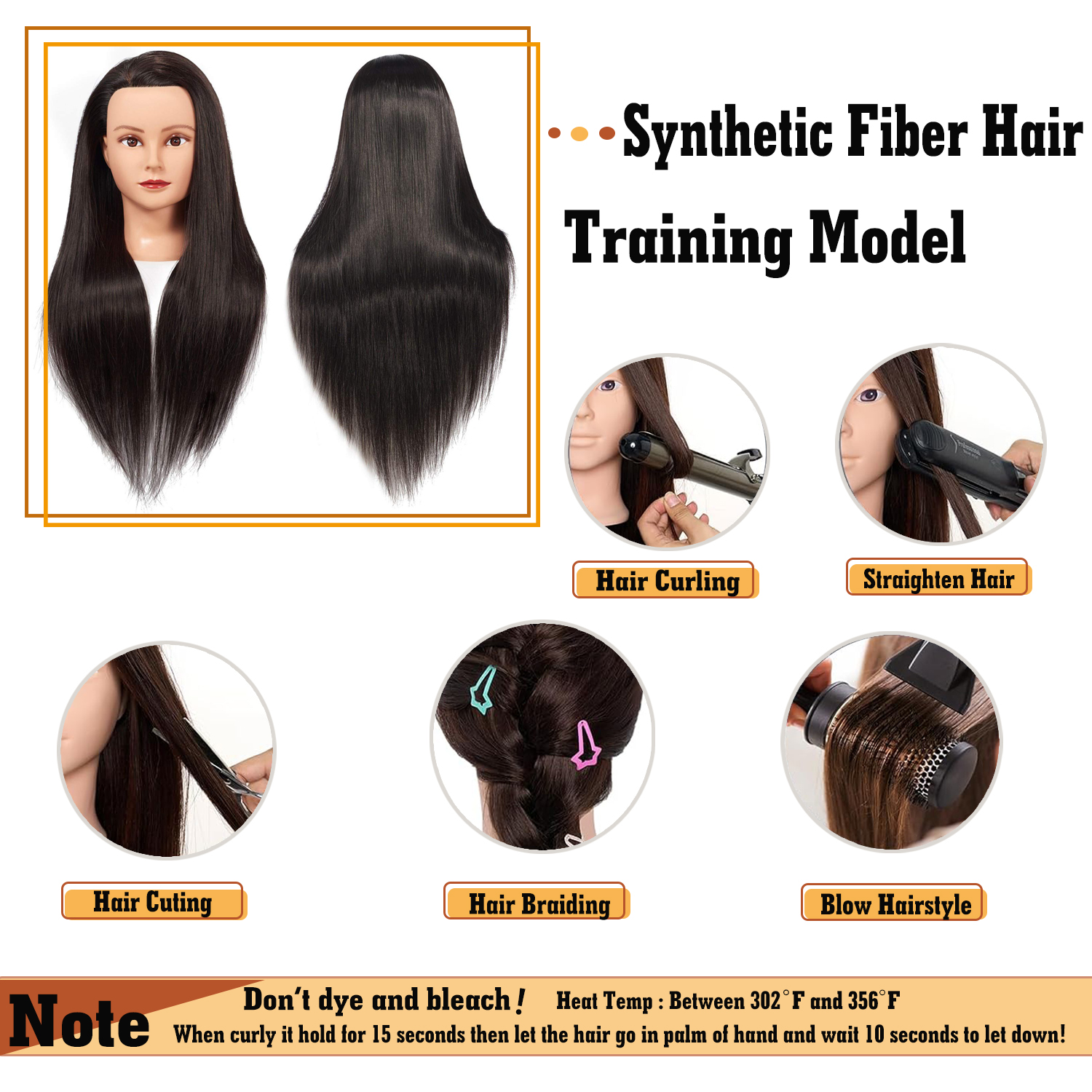 Tête de formation synthétique cheveux longs pour tresse coiffure avec pince support de perruque tête de poupée pour coiffures tête de Mannequin