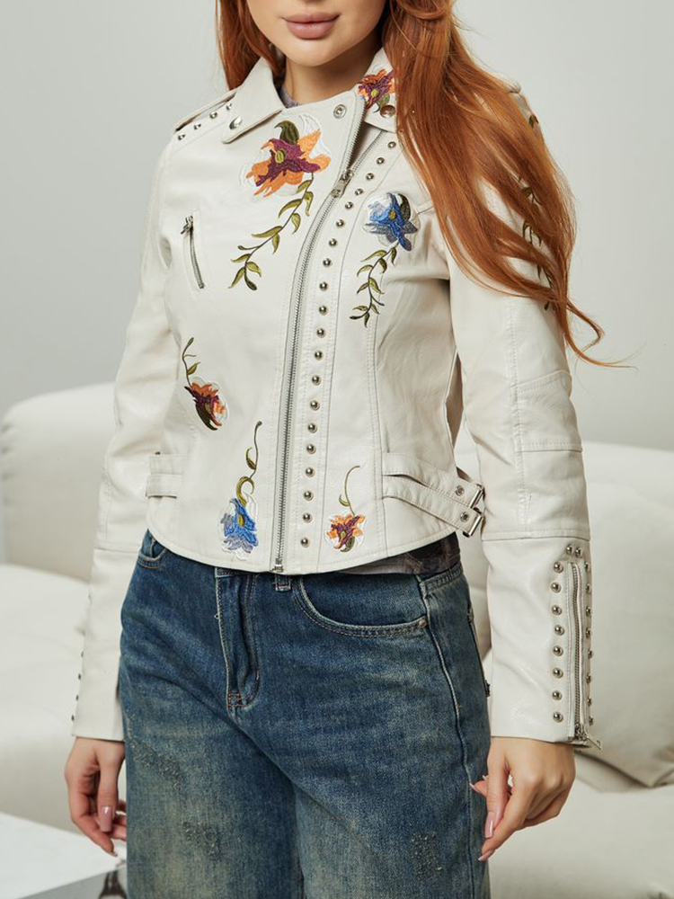 Ailegogo แจ็คเก็ตหนังสังเคราะห์ PU สำหรับเสื้อถักลายดอกไม้ย้อนยุคสำหรับผู้หญิงฤดูใบไม้ร่วงและฤดูใบไม้ผลิเสื้อโค้ทตอกหมุดมีซิปของผู้หญิง