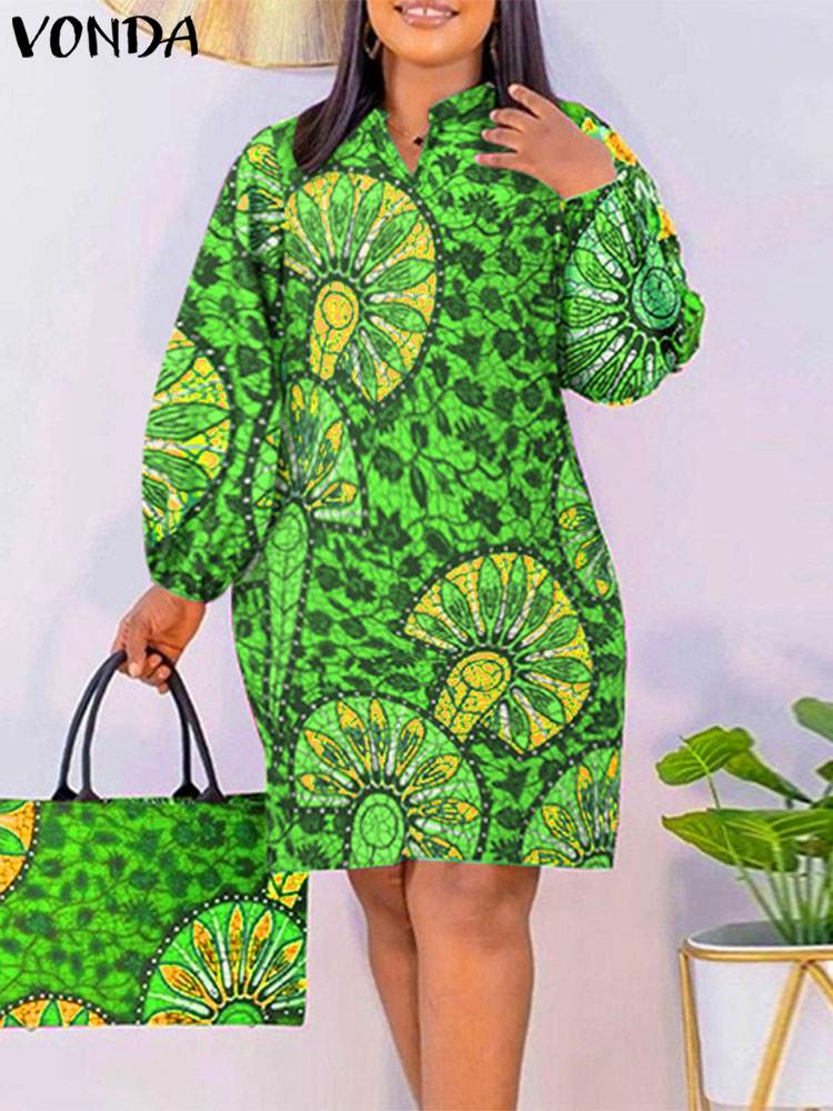 VONDA-女性のボヘミアンプリントのミニドレス,膝丈,長いパフスリーブ,ヴィンテージのイブニングドレス,大きいサイズ,2024