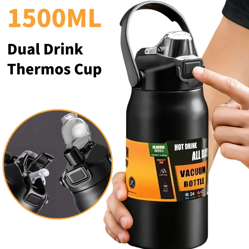 1500 ML 304 Roestvrij Staal Thermische Mok Outdoor Thermos Draagbare Tumbler Thermosflessen Koud & Warm Sport Waterfles met Stro