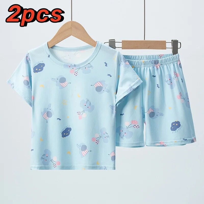 Ropa de verano para niños, pantalones cortos de manga corta, traje de 2 piezas para niños y niñas, cómodo traje de elefante azul salvaje.