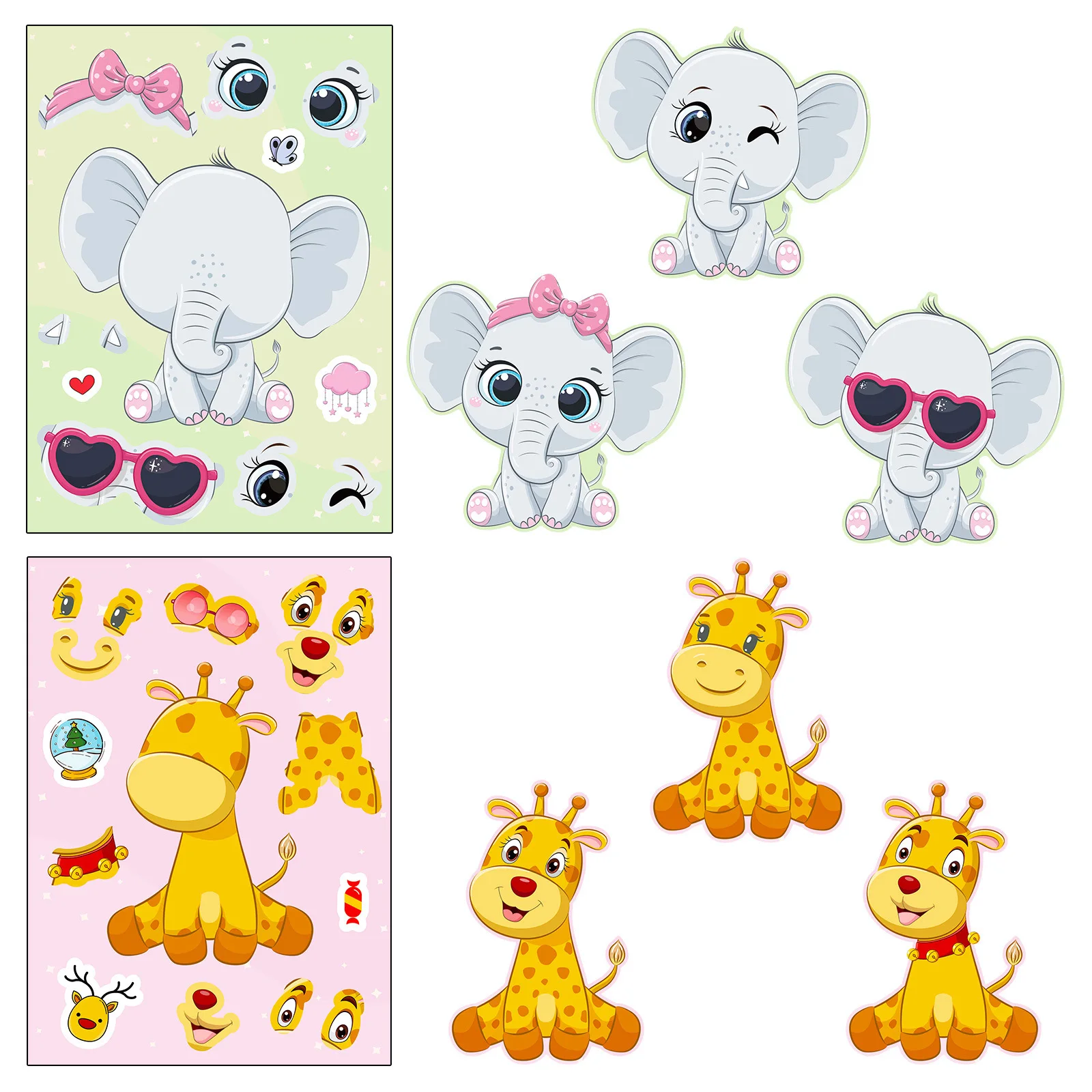 6 แผ่นน่ารักการ์ตูน DIY สติกเกอร์ปริศนาเกมสัตว์ Make A Face ตลกประกอบสติกเกอร์ตกแต่ง