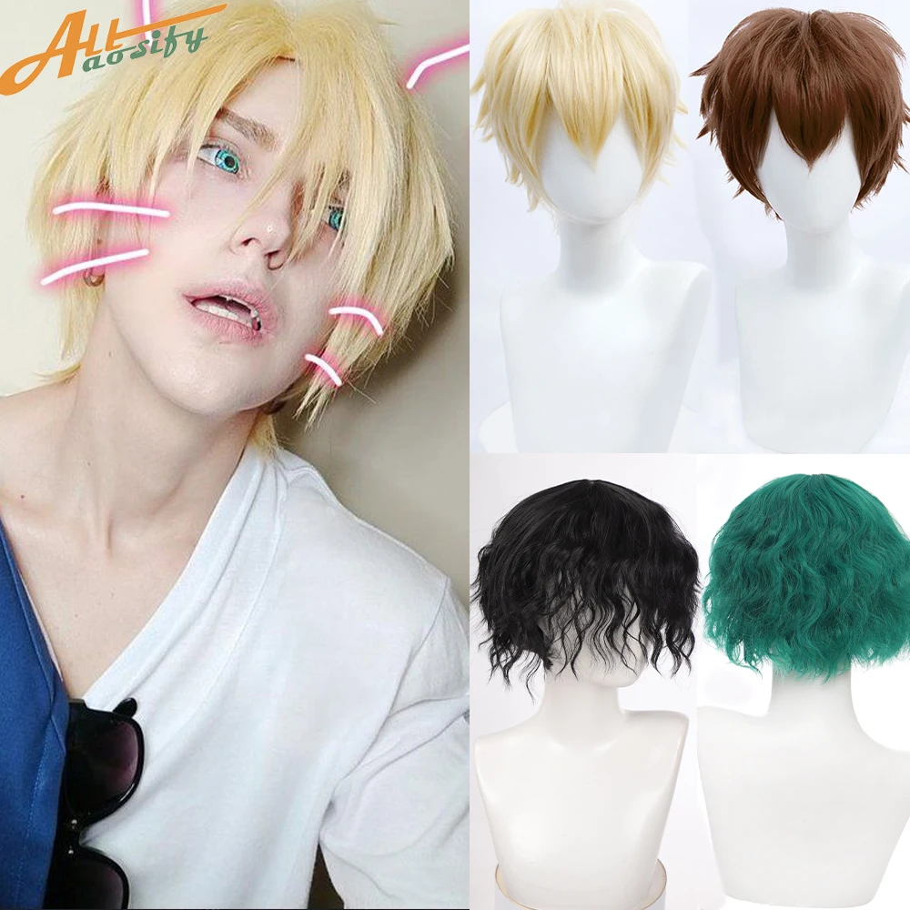 Peruca sintética de cosplay masculina, cabelo liso curto, resistente ao calor, perucas anime, louro, preto, azul, branco, Halloween