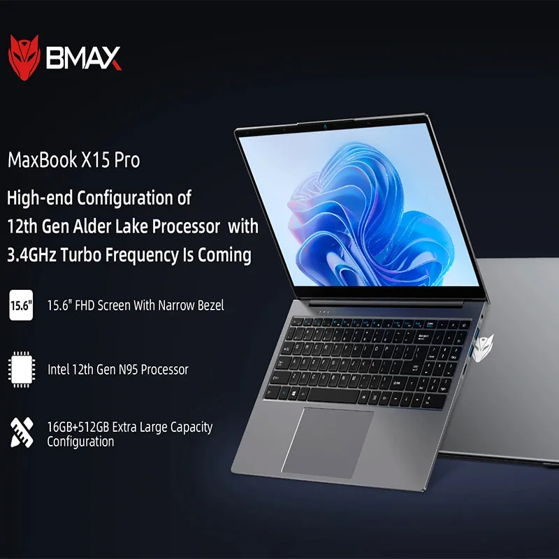 BMAX Windows 11MaxBook X15 Pro Business Laptop 16GB LPDDR4 512GB SSD Intel 12th Generation N95 Processor 15.6-inch Screen
