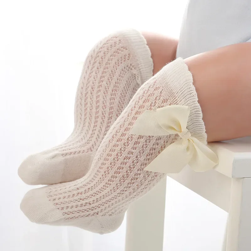 Calcetines hasta la rodilla para bebé de 0 a 24 meses, calcetines largos de algodón con lazo para niño pequeño, calcetines largos de princesa para bebé recién nacido, novedad de 2025