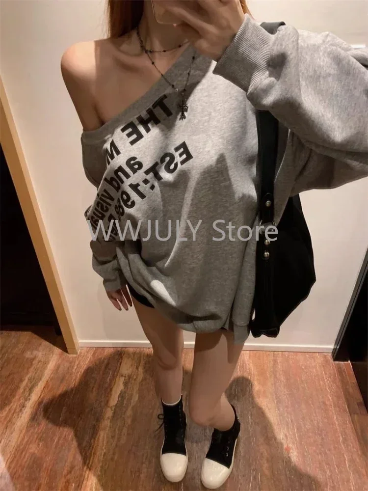 Sudadera americana Vinrage Grey Street para mujer, sudadera Y2k con estampado de letras, manga larga, informal, cálida, holgada, Tops de otoño