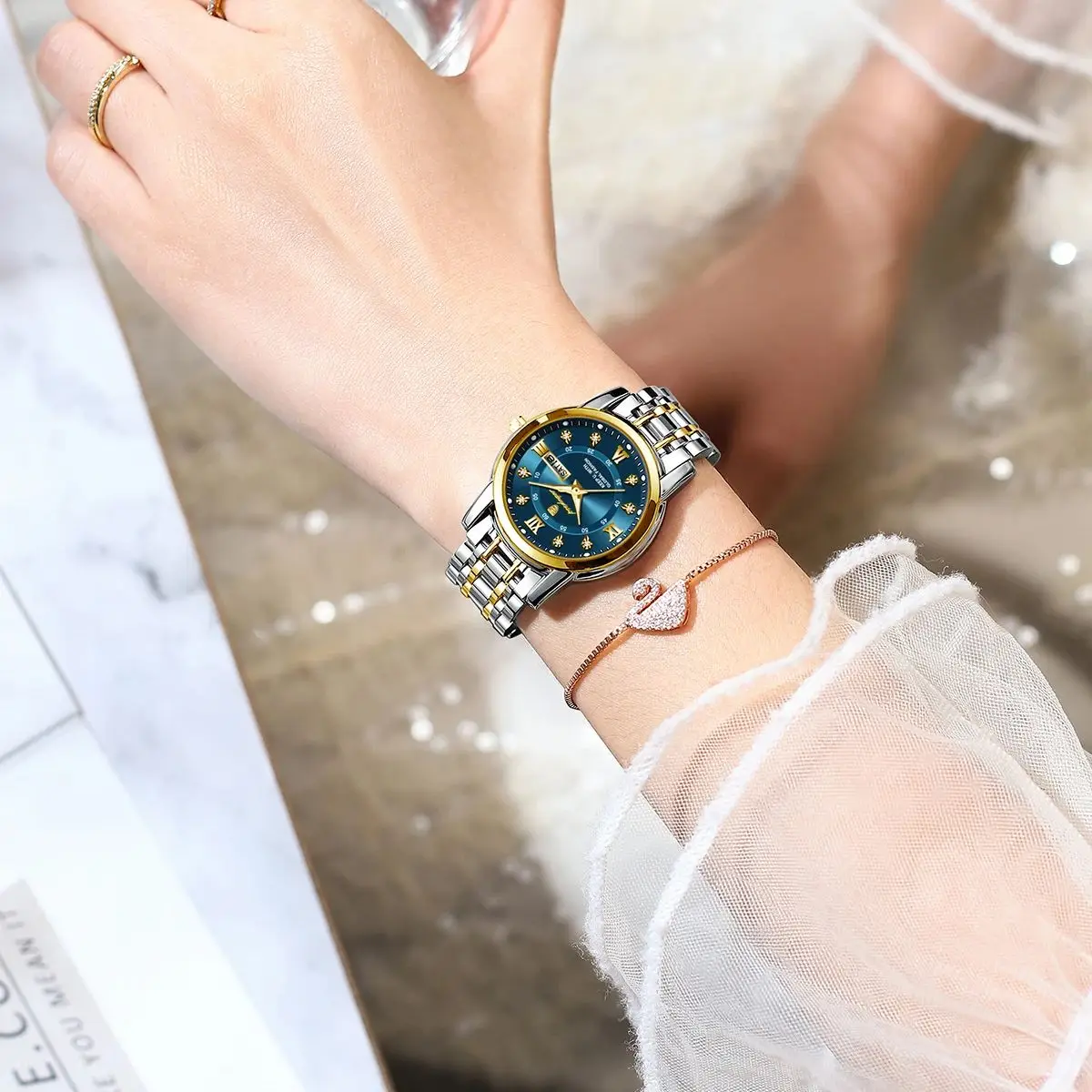 Reloj de pulsera POEDAGAR para mujer, reloj de cuarzo de lujo para mujer, resistente al agua, de acero inoxidable, luminoso, con fecha y semana, reloj de vestir para mujer