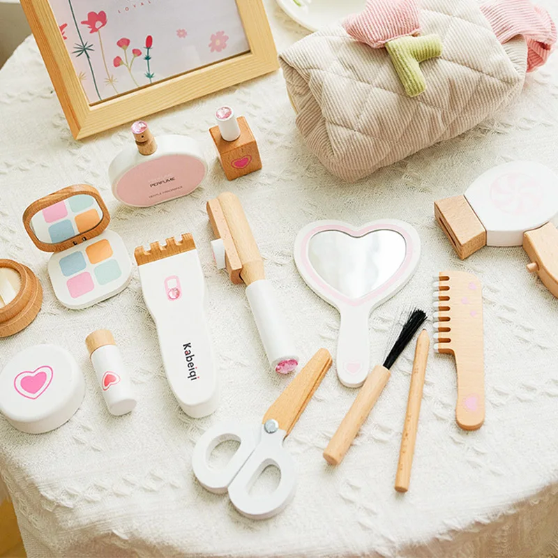 Juguetes para niñas, juegos de simulación de madera, Kit de maquillaje para niños, juego de cosméticos para bebés, lápiz labial de madera para niños, juguetes de belleza y moda