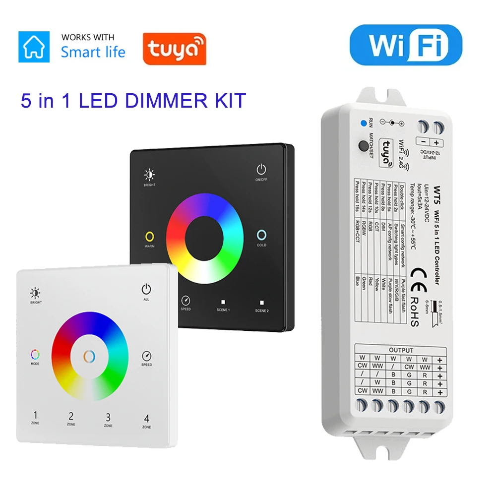 TUYA WiFi 5 In 1 LED Controller KIT RF 2.4G Glass Wall Mounted Touch Panel RGBCCT LED Smart Dimming Control DC 12V 24V Dimmer