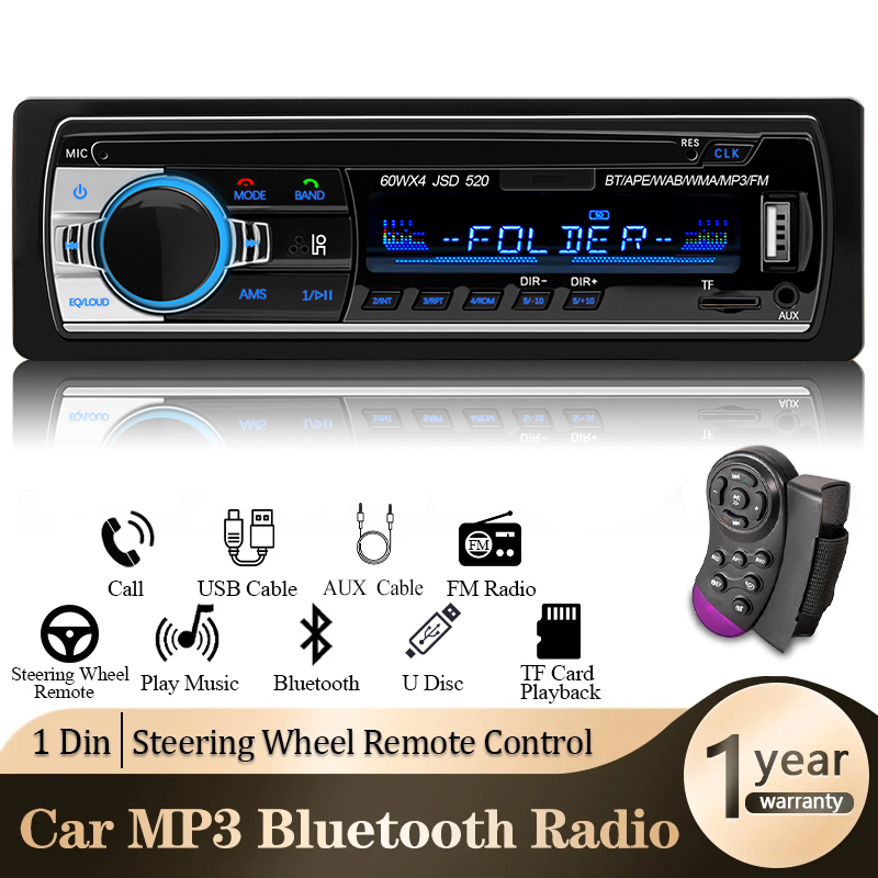 Автомобильный радиоприемник 1-диночный стереоплеер Цифровой Bluetooth MP3-плеер FM-радио Стерео аудио Музыка USB с входом AUX приборной панели