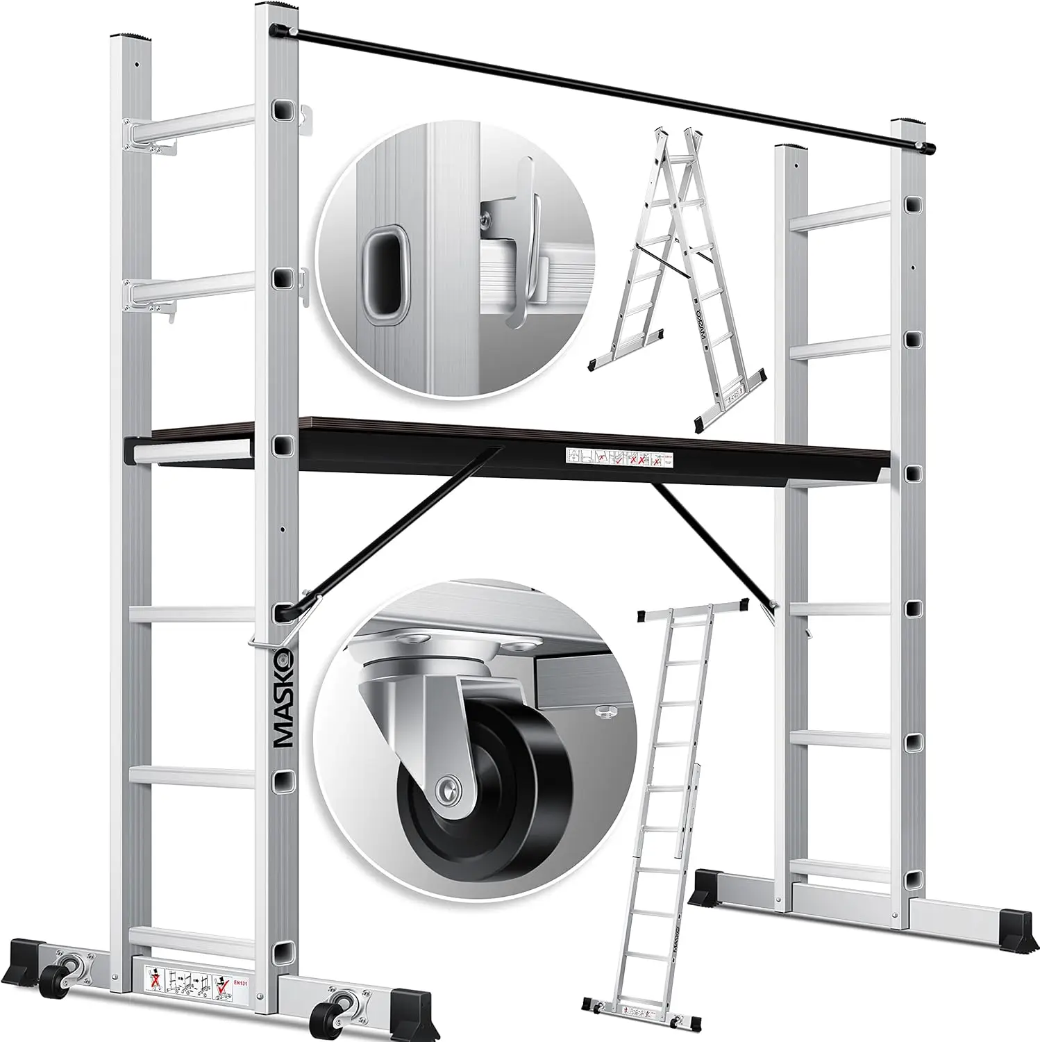 Andamio de aluminio con escalera, plataforma de trabajo, carga máxima de 150 kg, revestimiento antideslizante, probado GS (EN 131).