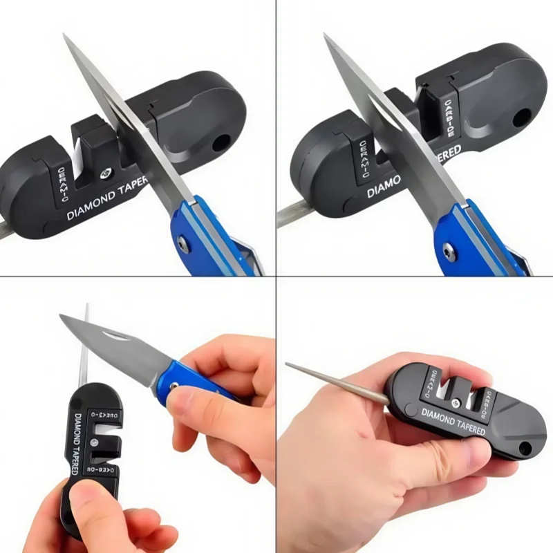 Affilacoltelli portatile 4 in 1 in carburo di ceramica di tungsteno, pietra per affilare, affilare l'amo da pesca, tasca, strumento diamantato, campeggio, escursione all'aperto