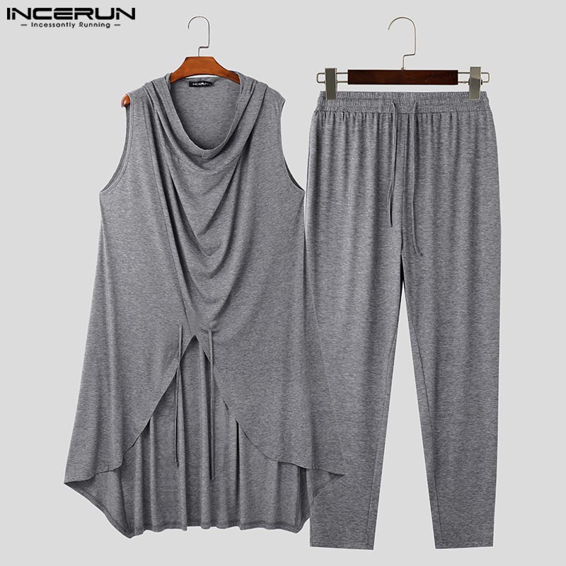 Conjuntos de estilo informal a la moda INCERUN, nuevos chalecos con capucha y cuello oscilante para hombre, chalecos sin mangas con cordón, pantalón, ropa de calle, conjuntos de dos piezas 2024