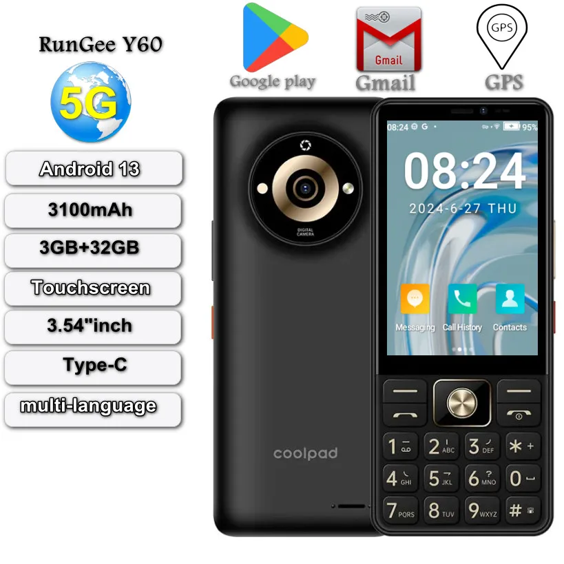 Rungee Y60 Zello телефон, экран 3,54 дюйма, Android 13, 3 ГБ + 32 ГБ