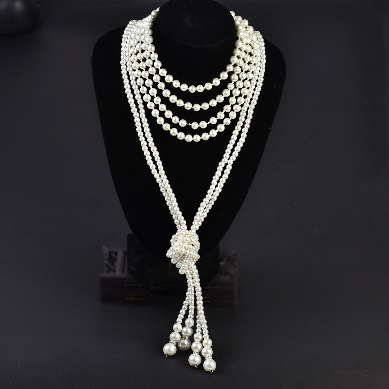 Collar de perlas de los años 20, accesorios de Gatsby de perlas de imitación a la moda, joyería de disfraz Vintage, collares de crema para mujer