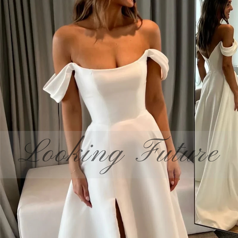Aangepaste elegante satijnen zeemeermin trouwjurken 2025, strapless off-shoulder zijsplit bruid gewaad knop vestidos de novia