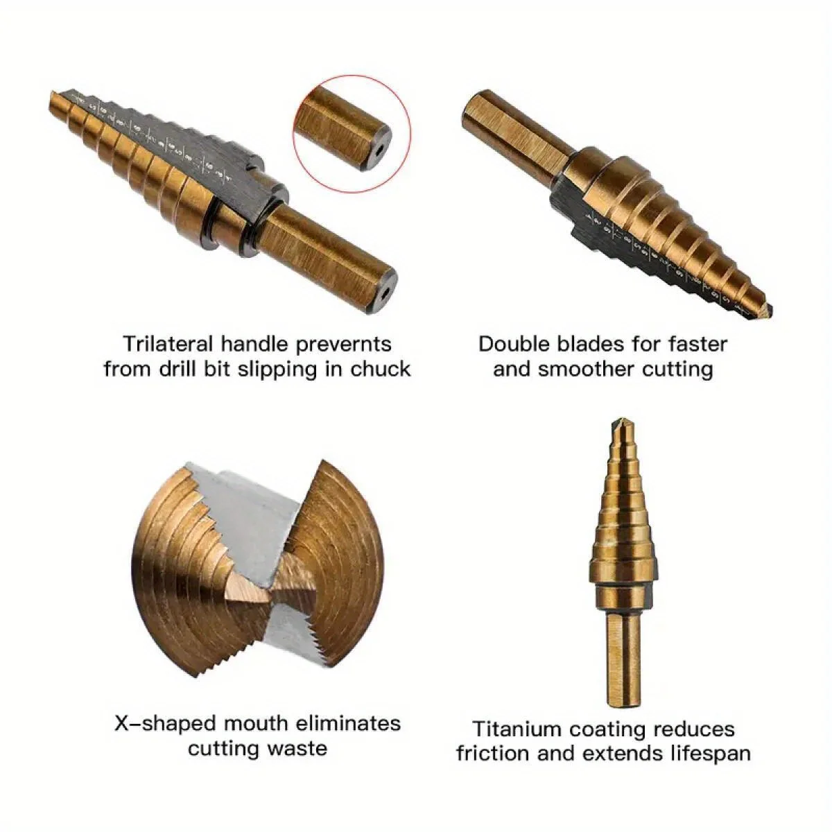 5-piece HSS cobalt stepped drill bit kit, porous 50 size cobalt titanium conical drill bit core, aluminum shell