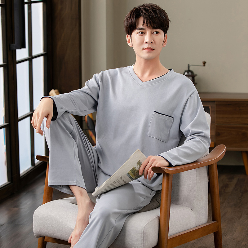 Ensemble pyjama en coton à col en v pour hommes, hauts à manches longues + pantalons longs, vêtements de nuit pour la maison, vêtements de nuit simples à la mode pour hommes, automne