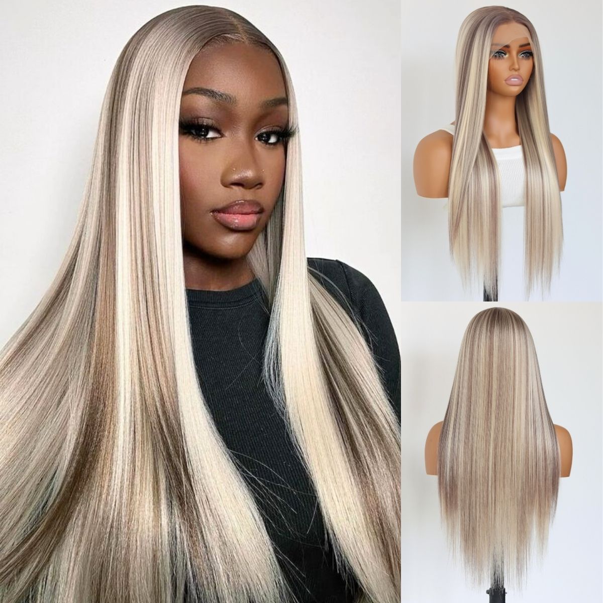 Peruka typu lace front, prosty krój, ombre brąz z blondem, syntetyczna peruka lace front 13x4 dla kobiet, 24 cale.