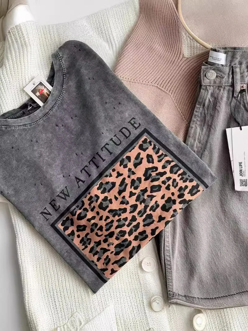 Haut mi-long à manches courtes pour femmes, coton gris, motif léopard, mode, nouveau