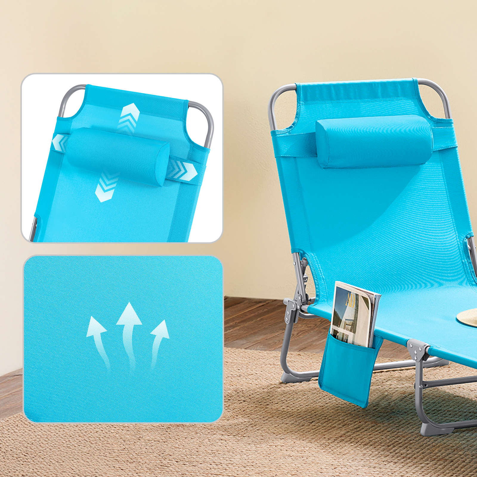 SoBuy OGS35 chaise longue de jardin avec sac latéral et oreiller chaise longue pliante aérée pour jardins, cours plages