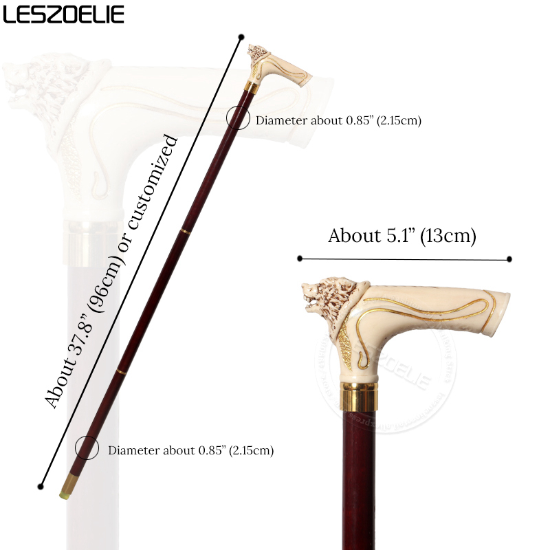 ไม้เท้าหัวหมาป่า96ซม. ลายทองไม้สำหรับเดินแฟชั่นผู้หญิงและผู้ชายไม้บีชของเยอรมันใช้ในงานเทศกาลปาร์ตี้ไม้เท้า