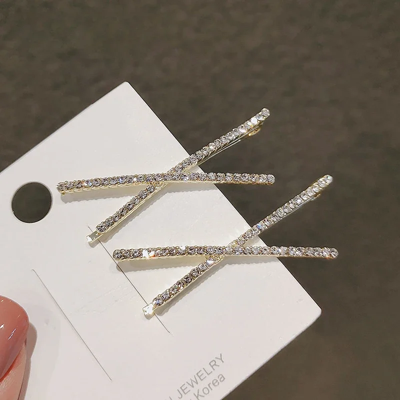 2pcs Cross Crystal Hairpins Rhinestone X Hair Clips Barrettes Simple Side Clip Bridal Headwear Girl Fashion Hair Accessories New