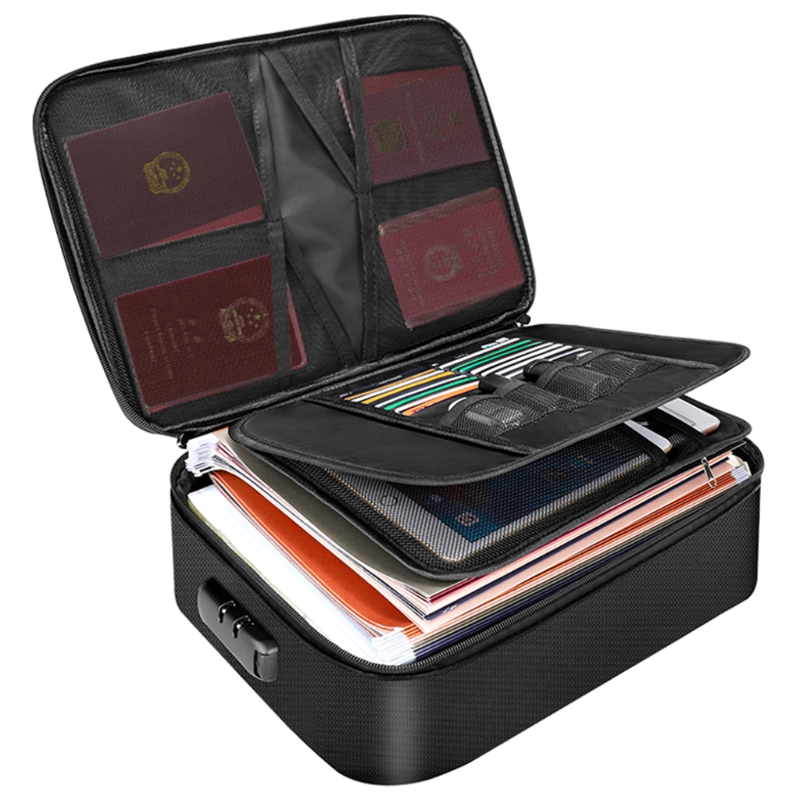 Saco de documentos de 4 camadas, grande espaço, à prova de fogo, resistente à água, armazenamento de arquivos com zíper para estojo com bloqueio de presentes