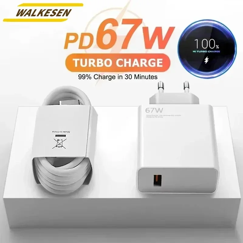 เครื่องชาร์จ USB พร้อมสายเคเบิลประเภท C 6A PD 67W ชาร์จเร็วสำหรับเสี่ยวมี่ 14 โปร เรดมี่หมายเหตุ 13 โปรโทรศัพท์มือถืออะแดปเตอร์