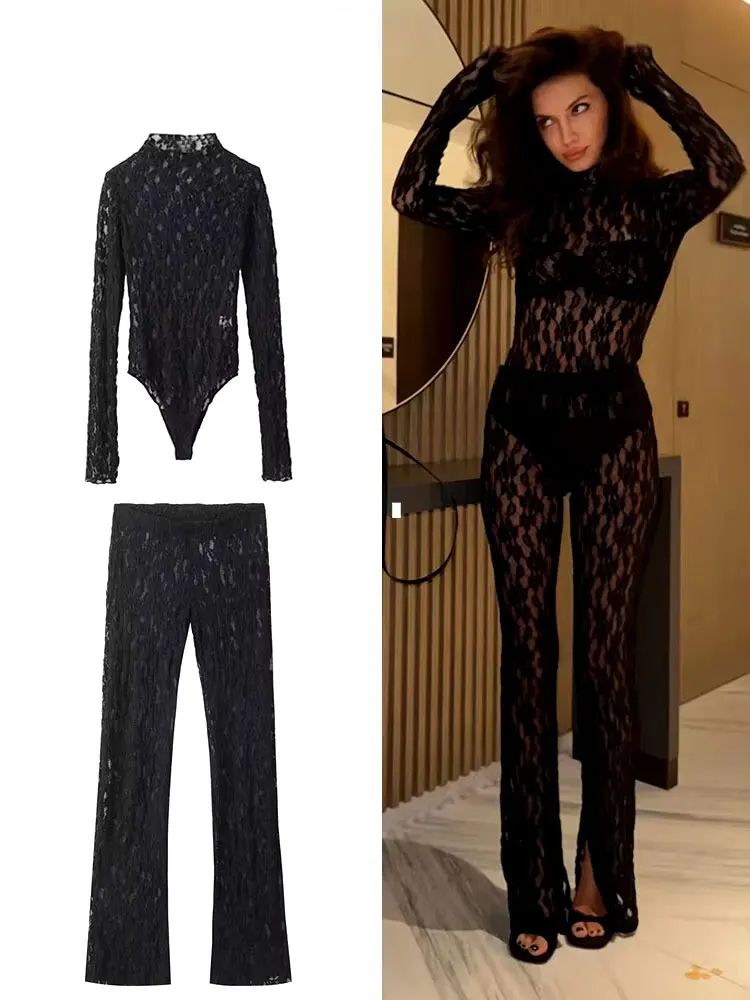HH Damen-Spitzenhosen-Sets, schmale Overalls, Oberteil + Hose mit hoher Taille, sexy Dame, florale Spitze, durchscheinende Y2k-Bodysuit-Anzüge