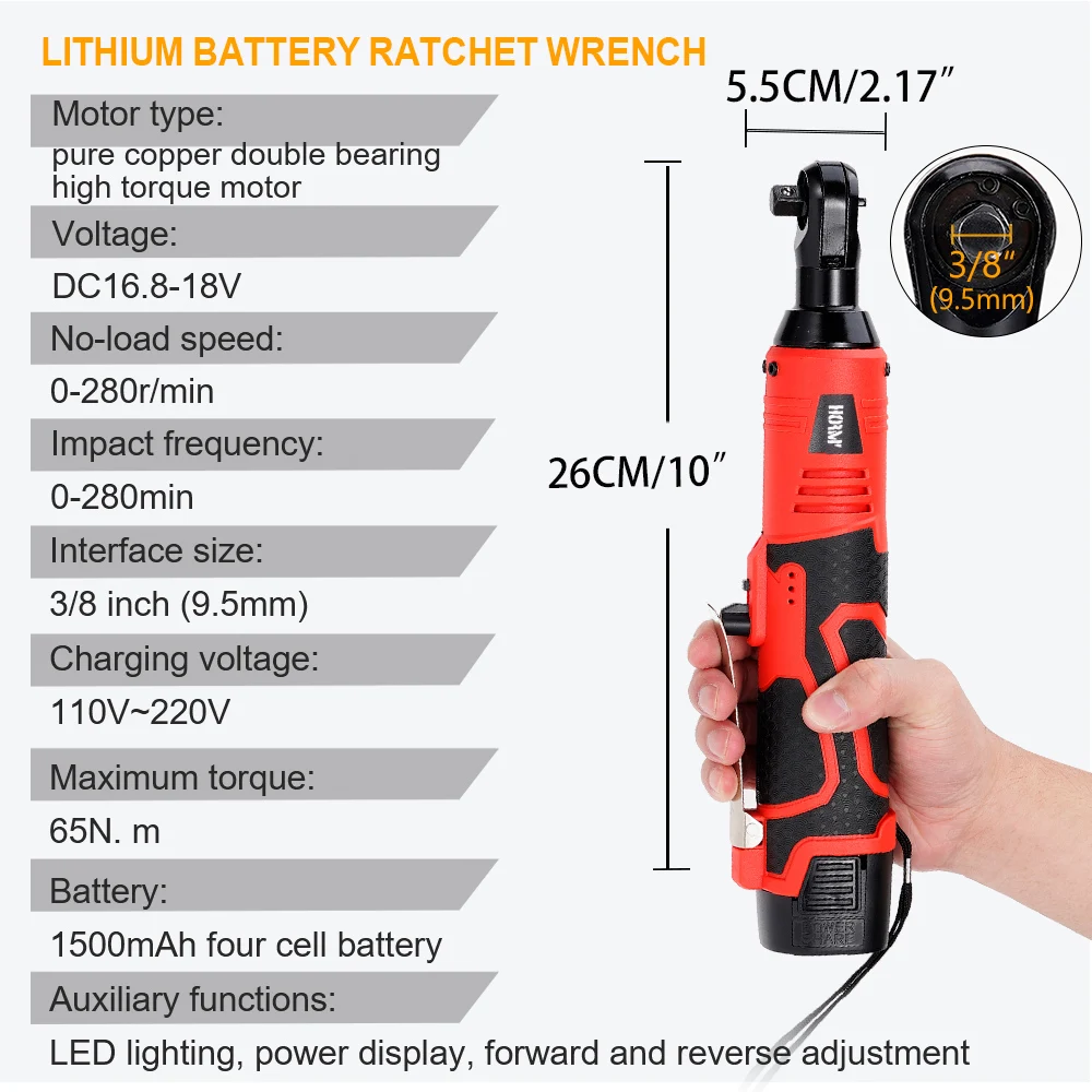 Hormy-llave eléctrica inalámbrica de 3/8 pulgadas, llaves de trinquete de ángulo recto de 9,5mm, juego de herramientas de reparación de automóviles recargables de 65N.m, llave angular