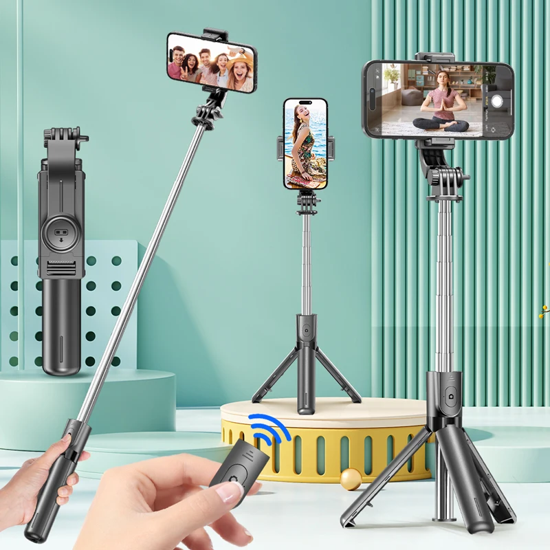 Trípode selfie stick con control remoto Bluetooth desmontable, 360 °   Rotación, poste extensible, opción de luz de relleno, para teléfono iPhone Android