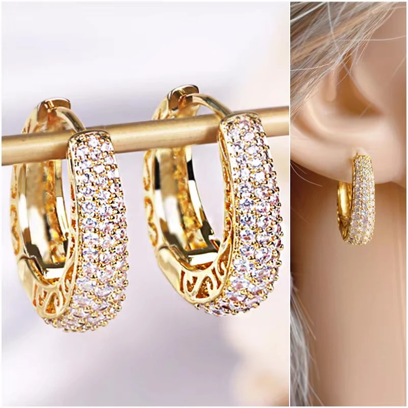 Huitan Luxus Gepflasterte CZ Hoop Ohrringe für Frauen Gold Farbe Aushöhlen Design Temperament Weibliche Ohr Zubehör Mode Schmuck