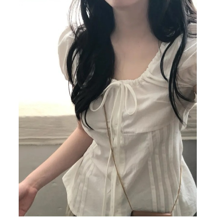 Csa de Verão de Manga Curta com Laço Casual Ajuste Solto Material Fino Design de Nó Borboleta Blusa de Qualidade Premium p...