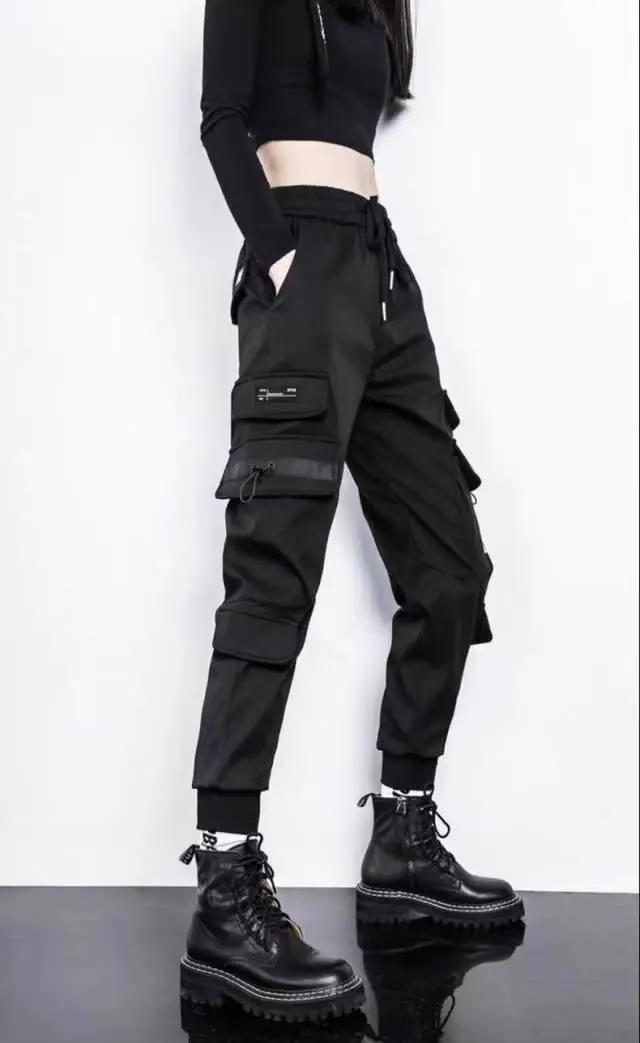 Nuevos pantalones Cargo para mujer, pantalones Harem Ins, moda Punk, bolsillos, pantalones para correr, cadena, elásticos Harajuku, ropa de calle de cintura alta 420