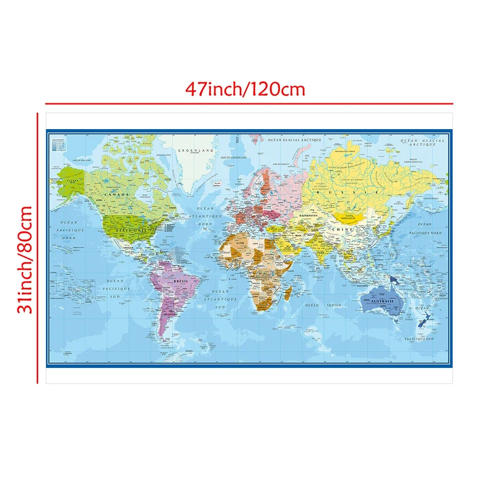 Mapa del mundo en idioma francés, póster de pared, pintura de vinilo no tejido, suministros escolares de oficina, decoración del hogar, 120x80cm