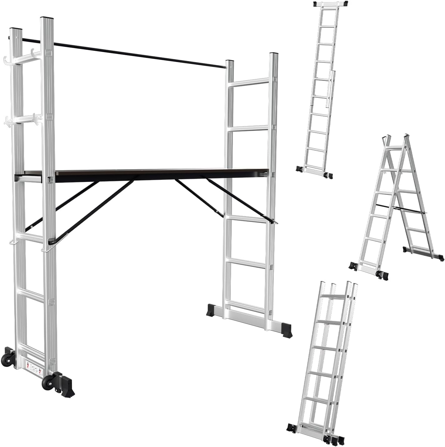 4-In-1 Aluminium Steiger, Max Hoogte 276 Cm, Laadvermogen 150Kg, Mobiel Platform Met 2 Wielen, 2X6 Sporten, Veelzijdig Ladd