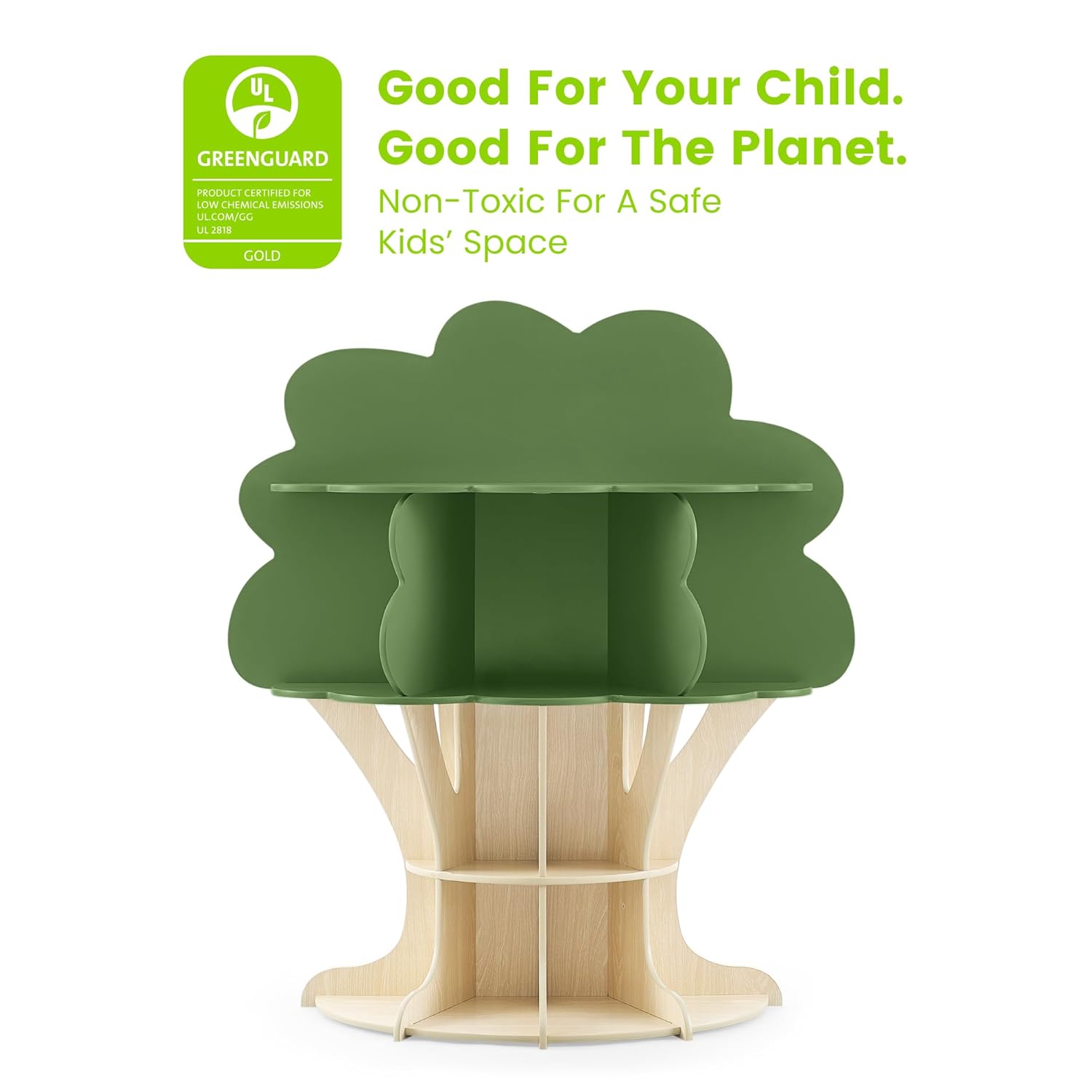 Children Tree Bookcase - Gold Certified, Fern Green/Crafted Natural