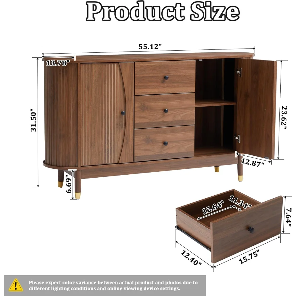 55inch bar Fluted Sideboard Buffet Cabinet with Storage,Oval Curved Edge Sideboard with Drawer, Buffet Cabinet for Diner, bar